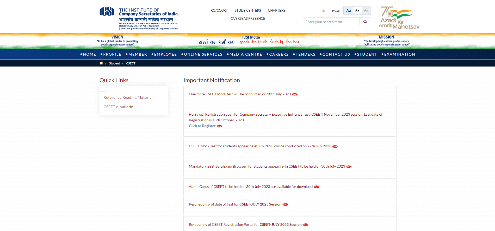 ICSI - CSEET Notification Page.